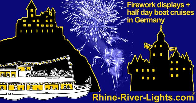 Rhine River Lights boat cruise with firework display on the Rhine River between Koblenz / Coblence and Rudesheim with wine festivals and wine hiking